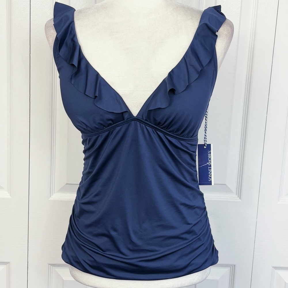 NWT Sonnet Shores Navy Blue Ruffle Trim Tankini Swim Top 8